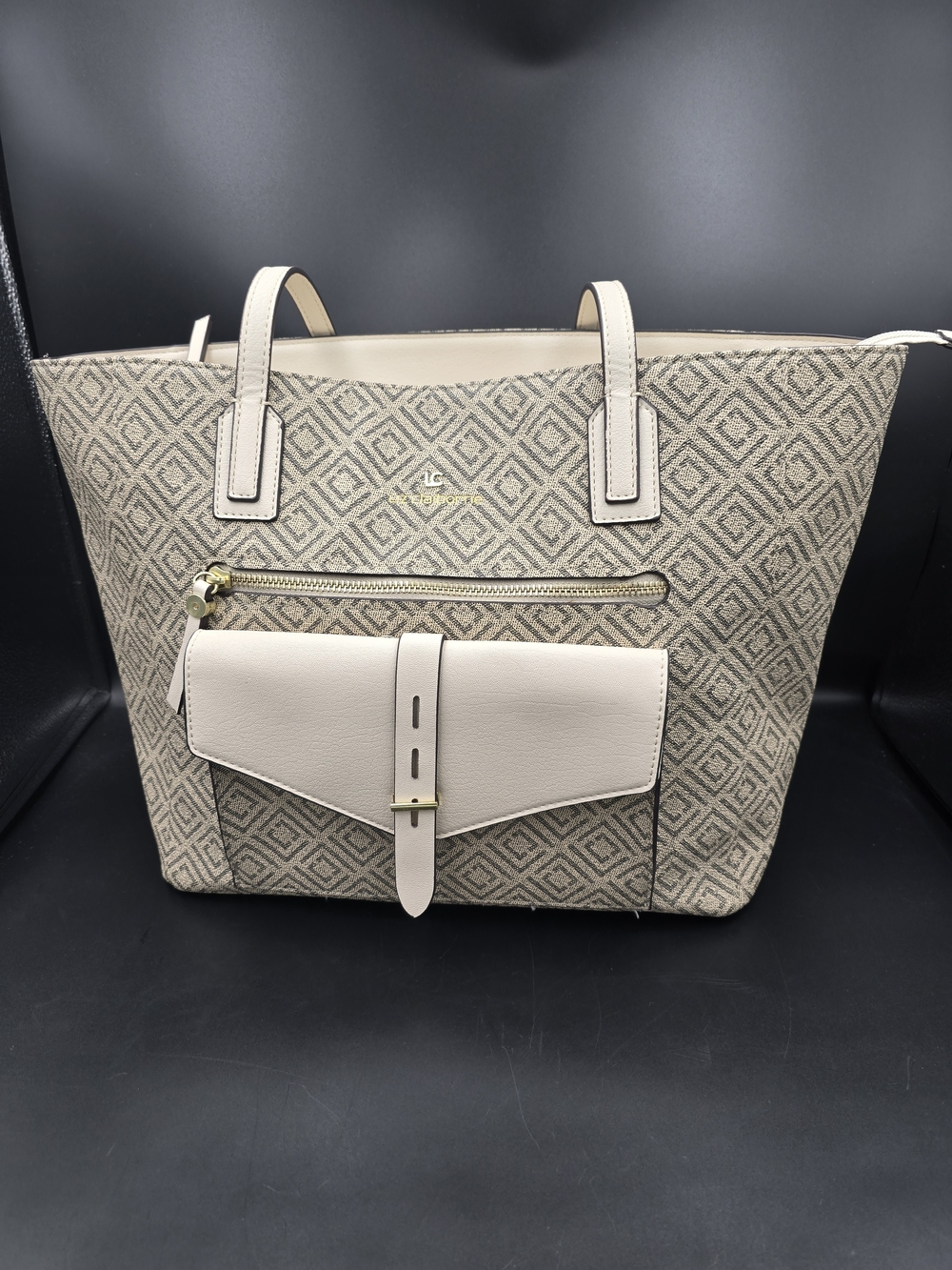 Liz Claiborne Cream and Beige Patterned Tote with Front Pocket